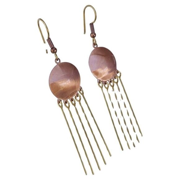 Bohemian Long Copper Fringe Dangle Earrings 3" Gold Tone Boho Hippie Girlcore - Picture 2 of 7